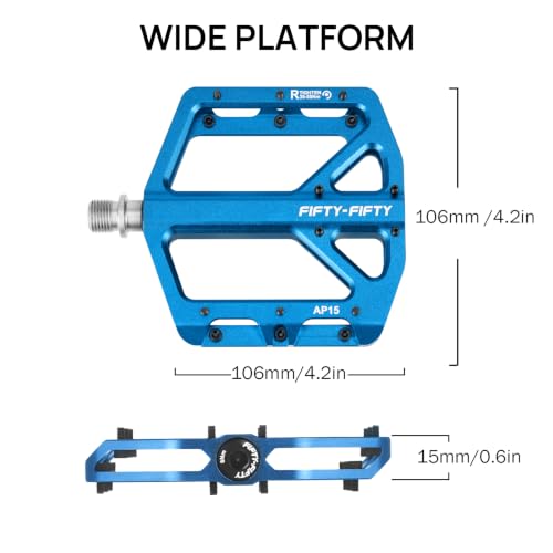 FIFTY-FIFTY Blue Mountain Bike Pedals Aluminum Flat Non-Slip Durable