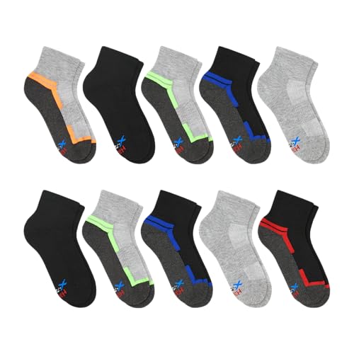 Hanes Boys' Moves Ankle Socks Large Gray/Black 10-Pack - Breathable Moisture-Wicking Performance