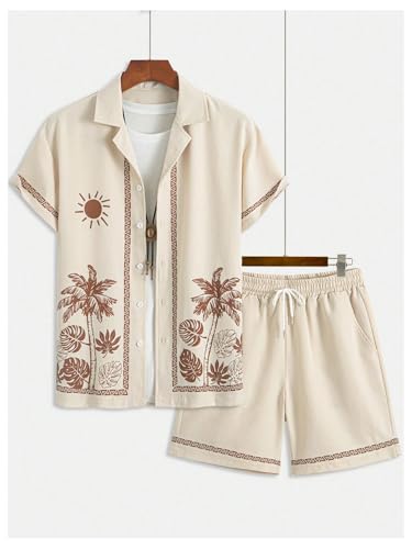 VIPWOLF Men's Summer Vacation Cruise Outfits 2 Piece Hawaiian Shorts Sets - X-Large Apricot