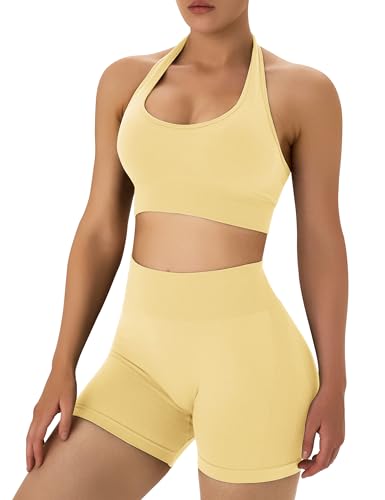 Women’s Workout Sets 2 Piece Halter Sports Bra & Scrunch Butt Shorts - Yellow Medium
