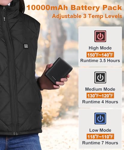 Large Black FERNIDA Heated Vest for Men & Women with Battery Pack, 8 Heating Zones