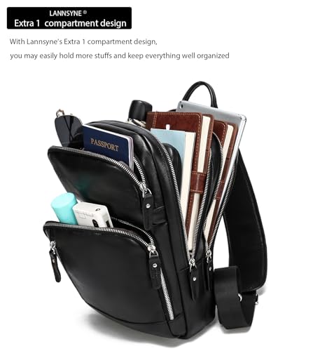 LANNSYNE Black Full Grain Leather Sling Bag for Men - Fits 12.9-inch iPad Crossbody Chest Pack