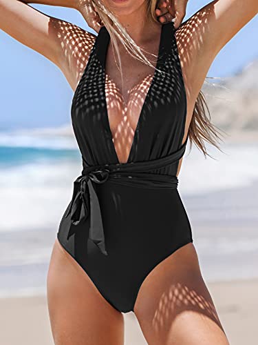 Women's Black One-Piece Swimsuit with Plunge V-Neck & Tie, Medium