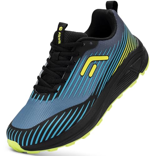 FitVille Men's Trail Running Shoes Extra Wide - Mountain Sneakers for Walking & Jogging, Black/Blue/Green, 12X Wide
