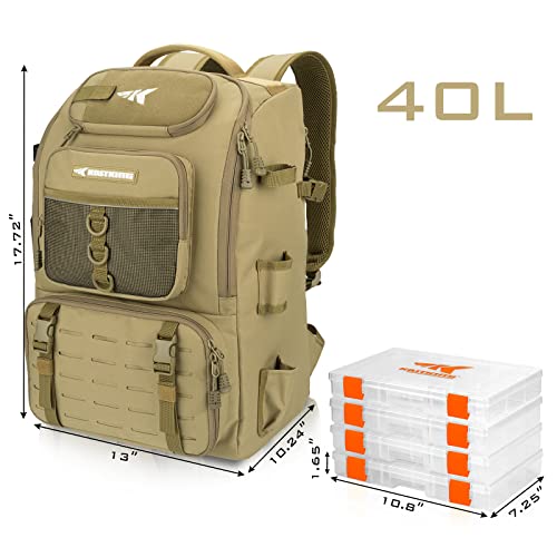 Large 40L Water-Resistant Fishing Tackle Backpack with Rod Holder and 4 Boxes - Khaki