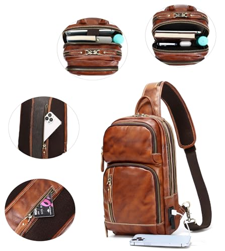 LANNSYNE Leather Sling Bag for Men - Crossbody Chest Pack Fits 10.5" iPad - Orange