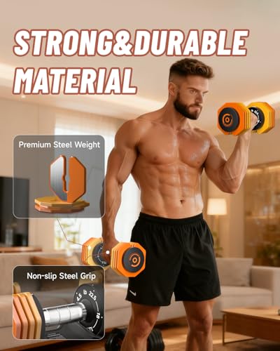 Orange Adjustable Dumbbells Set 22.5LB Pair - 1-Second Fast Turn, Non-Slip Metal Handle, Compact Home Workout Equipment