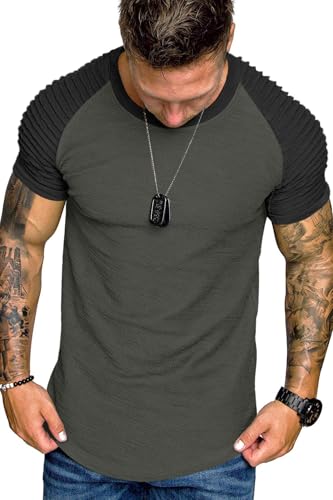 Men's Muscle T-Shirt Pleated Raglan Sleeve Gym Tee Short Sleeve Workout Shirt - Pattern3 Grey & Black