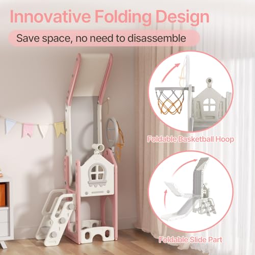 BIERUM 6-in-1 Toddler Indoor Playset & Slide - Pink, Safety Certified for Ages 1-3