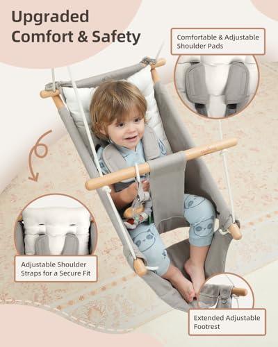 Baby Swing Indoor Outdoor with 5-Point Harness & Montessori Toys - Grey & White