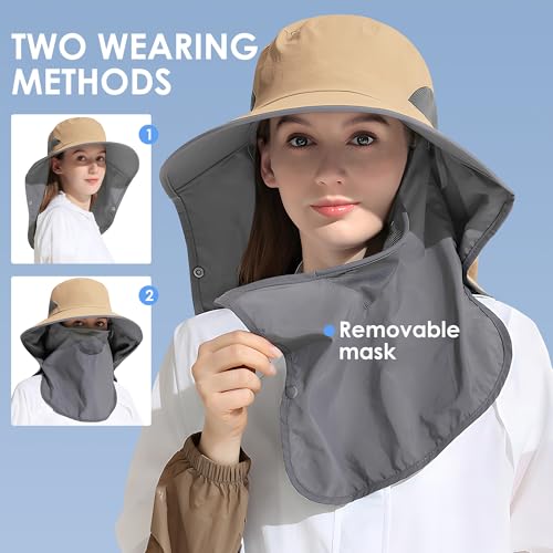 Outdoor Sun Hat with Detachable Neck Face Flap UPF 50+ UV Protection - One Size Khaki
