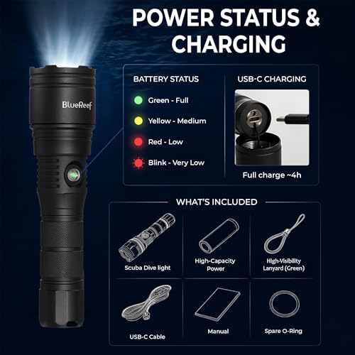Blue Reef 1200 Lumens Compact Dive Light - USB-C Rechargeable, Waterproof 100m, 5Hr Runtime