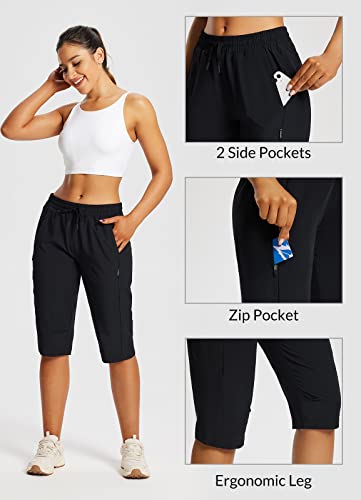 Baleaf Women's Hiking Shorts Below Knee Quick Dry Capris - Large Black