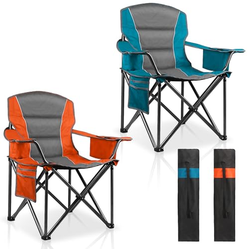 2 Pack Padded Folding Camping Chairs - Heavy Duty Support 400 Lbs, Orange & Blue