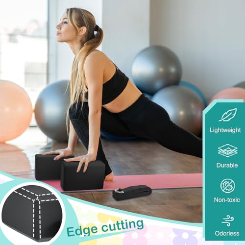 Black Yoga Blocks and Strap Set - 12 EVA Foam Blocks 6 Adjustable 8ft Straps