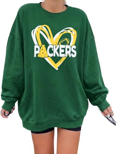 Football Oversized Sweatshirt Women Game Day Team Fans Pullover Green Bay Large