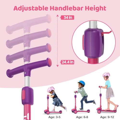 Kids Scooter Light Up 3 Wheel Folding Scooter for Kids 3-12 - Berry Red