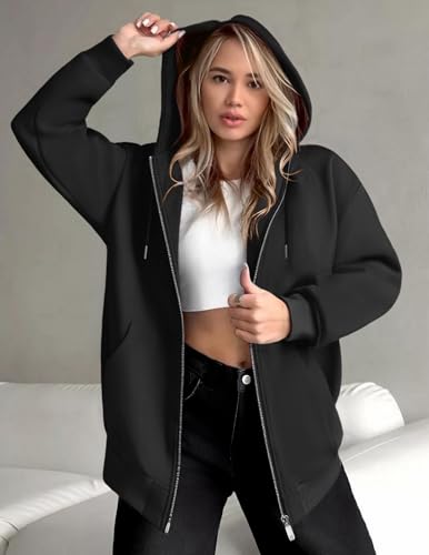 Zeagoo Women's Oversized Zip-Up Hoodie Fleece Jacket - Black, XX-Large