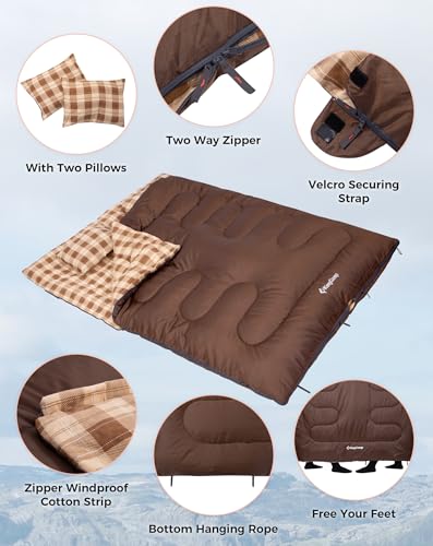 KingCamp Double Sleeping Bag for Adults - Queen Size, Coffee, 2 Person