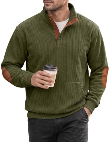 Men's Corduroy Sweatshirt Quarter Button Pullover XL Jungle Green