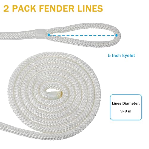 Marine Nylon Fender Lines 3/8" x 6' - White Boat Docking Ropes, Reinforced Eye Loop