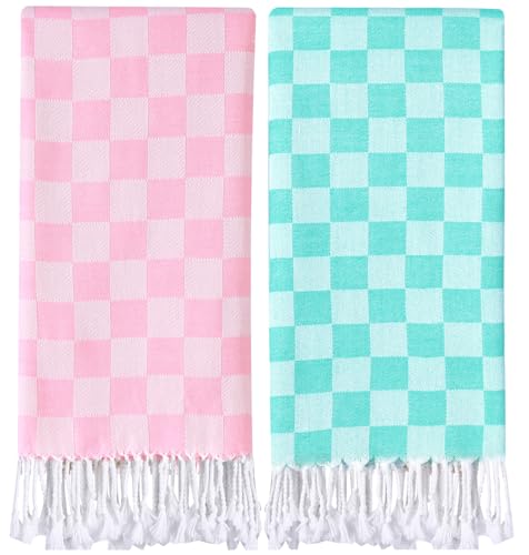 Aqua Pink Checkered Travel Towel 72x36 Inch Quick Dry Beach Blanket Lightweight