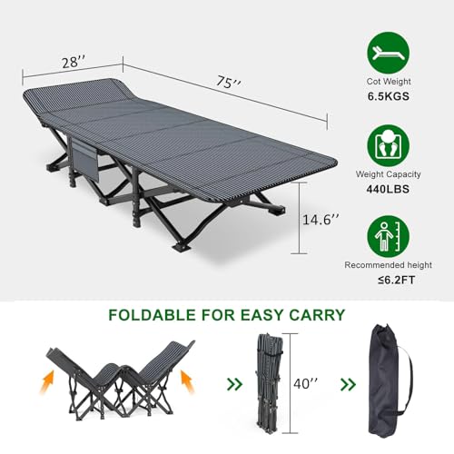 Portable Camping Cot with Removable Pad & Storage Pocket - Black - 28" Wide