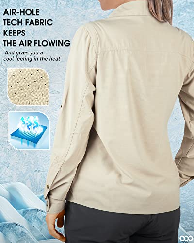 Women's UPF 50 Sun Protection Shirt Long Sleeve Outdoor Fishing Hiking Safari - Medium Light Khaki