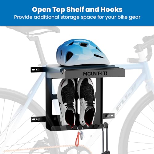 Black Mount-It! Wall Bike Rack with Shelf & Hooks for Indoor Storage