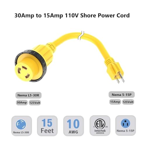 15Ft Marine & RV Power Extension Cord - 15 Amp to 30 Amp NEMA 5-15P to L5-30R