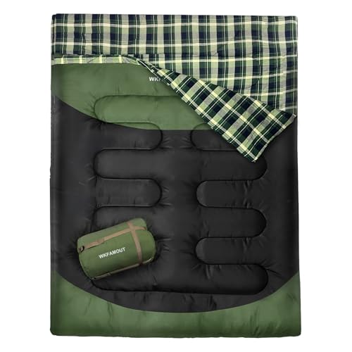 WKFAMOUT Olive Flannel Double Sleeping Bag for Adults, 2 Person Waterproof Queen Size, 3-4 Seasons Camping Bed with Compression Sack