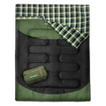 WKFAMOUT Olive Flannel Double Sleeping Bag for Adults, 2 Person Waterproof Queen Size, 3-4 Seasons Camping Bed with Compression Sack