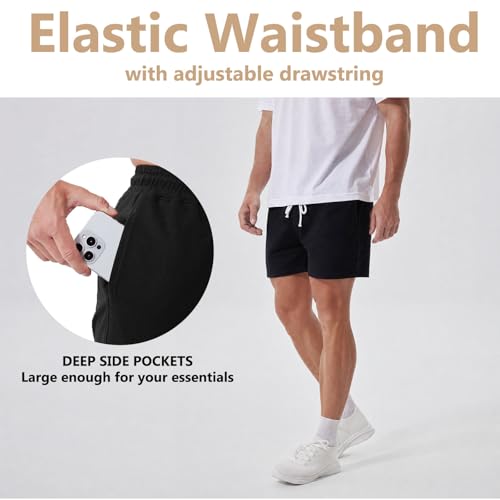 Mens Cotton Sweat Shorts 5 Inch Workout Gym Athletic Shorts with Pockets - Large / Black