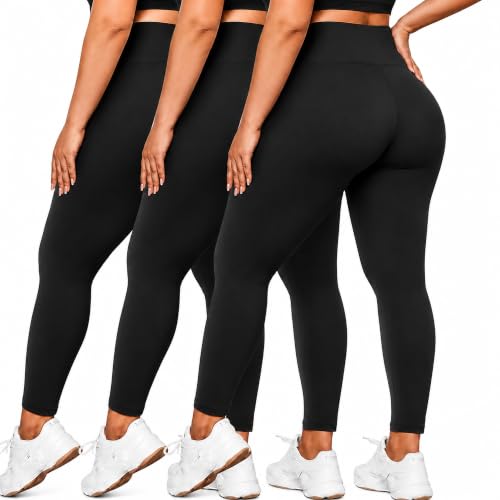 Plus Size High-Waisted Stretch Leggings for Women 26 Inch XX-Large Black 3 Pack