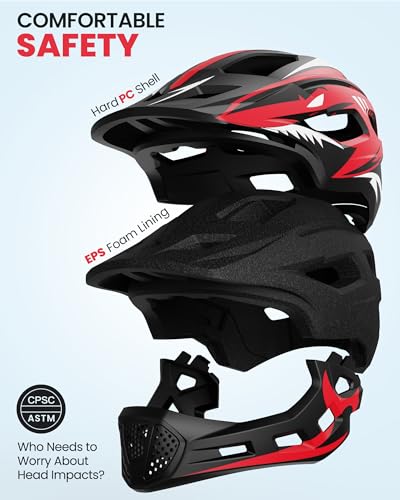 Kids Full Face Bike Helmet - Lightweight, Detachable Chin Guard, Red, S