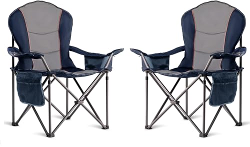 Foristrail 2-Pack XL Oversized Camping Chairs with Cup Holders & Waterproof Phone Case, Heavy Duty Folding Outdoor Chairs for Adults, Blue & Gray