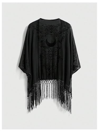 Large Women's Goth Fringe Kimono Top Sheer Shawl Cardigan - Black