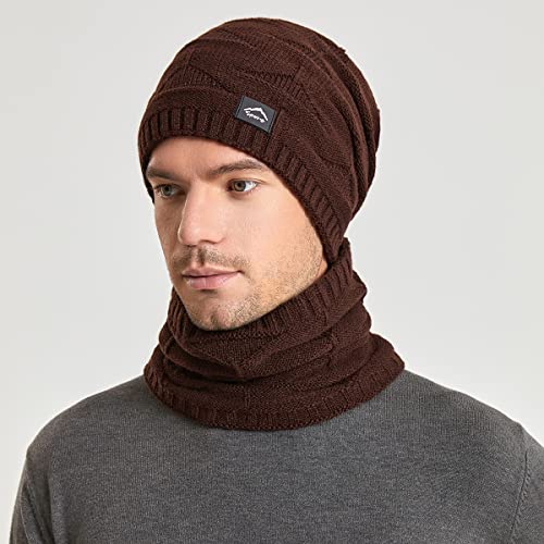 Unisex Winter Beanie Hat Scarf Gloves Set - Brown Knit Slouchy Ski Cap with Fleece Lined Neck Warmer
