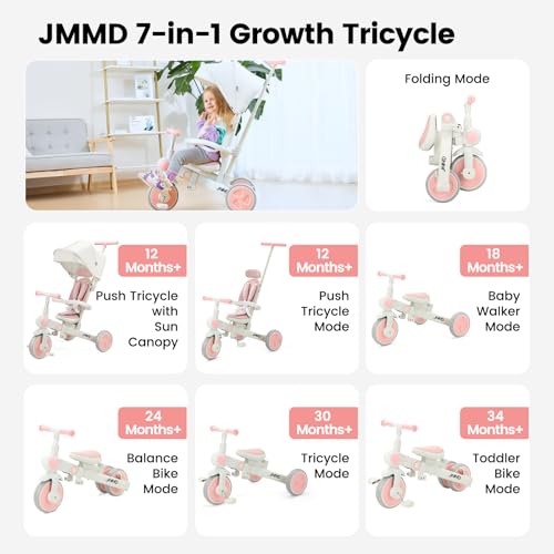Pink 7-in-1 Foldable Toddler Tricycle for Ages 1-5 with Adjustable Features