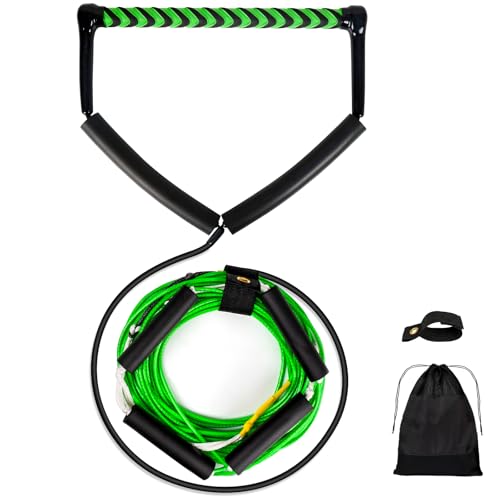 Green 75FT No Stretch Dyneema Wakeboard Rope & Handle - Adjustable Water Ski Tow Line