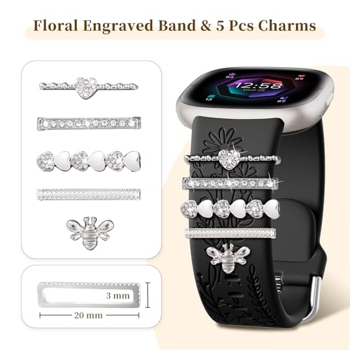 Silicone Sport Watch Band with Charms for Fitbit Versa 4/3 Sense 2 - Black + Silver Bee Charm