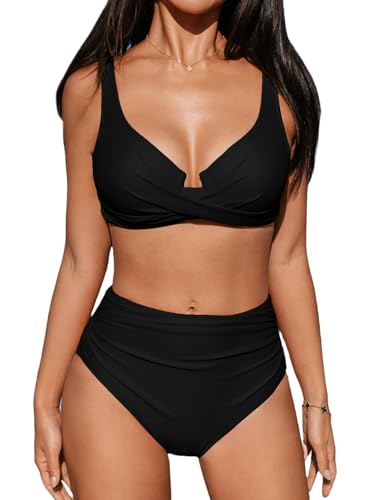CUPSHE Women's High Waist Bikini Set with Underwire - Black, Large