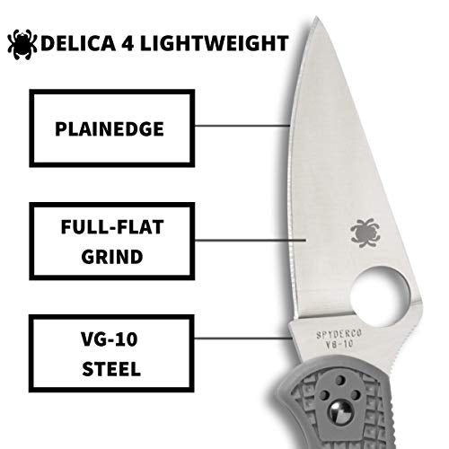 Spyderco Delica 4 Lightweight Folding Knife - Flat Ground Steel Blade, Grey Handle, 2.90 Inch Blade, Signature Pocket Knife - Variation of This Listing