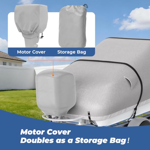RVMasking 20-22 ft Boat Cover with Motor Cover, Gray, Reinforced 1400D, Windproof