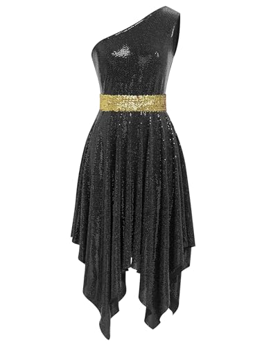 XX-Large Black Shiny Sequin One-Shoulder Dance Overlay Dress for Worship
