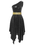 XX-Large Black Shiny Sequin One-Shoulder Dance Overlay Dress for Worship