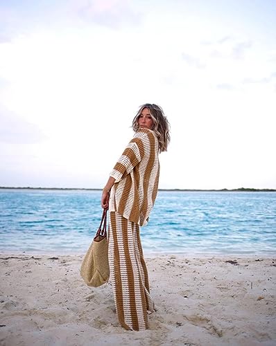 Women Cover Up Sets Button Up Tops with Pants Crochet Outfit Vacation Set - Medium Brown