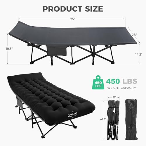 Folding Camping Cot for Adults with Mattress - Black, 75x28x14 Inches - Portable Bed