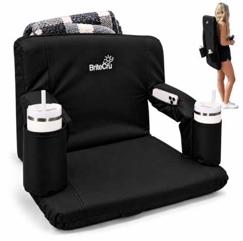 Portable Folding Stadium Seat with Back Support & Cup Holders - Bleacher Chair with Reclining Backrest, Padded Cushion, Armrests, Storage Pocket, Lightweight