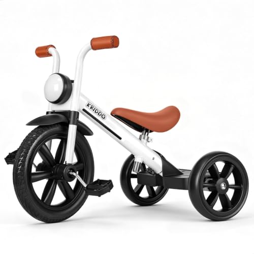 KRIDDO Toddler Tricycle with Front Light - White, 2-5 Years, Safety-Designed Ride-on